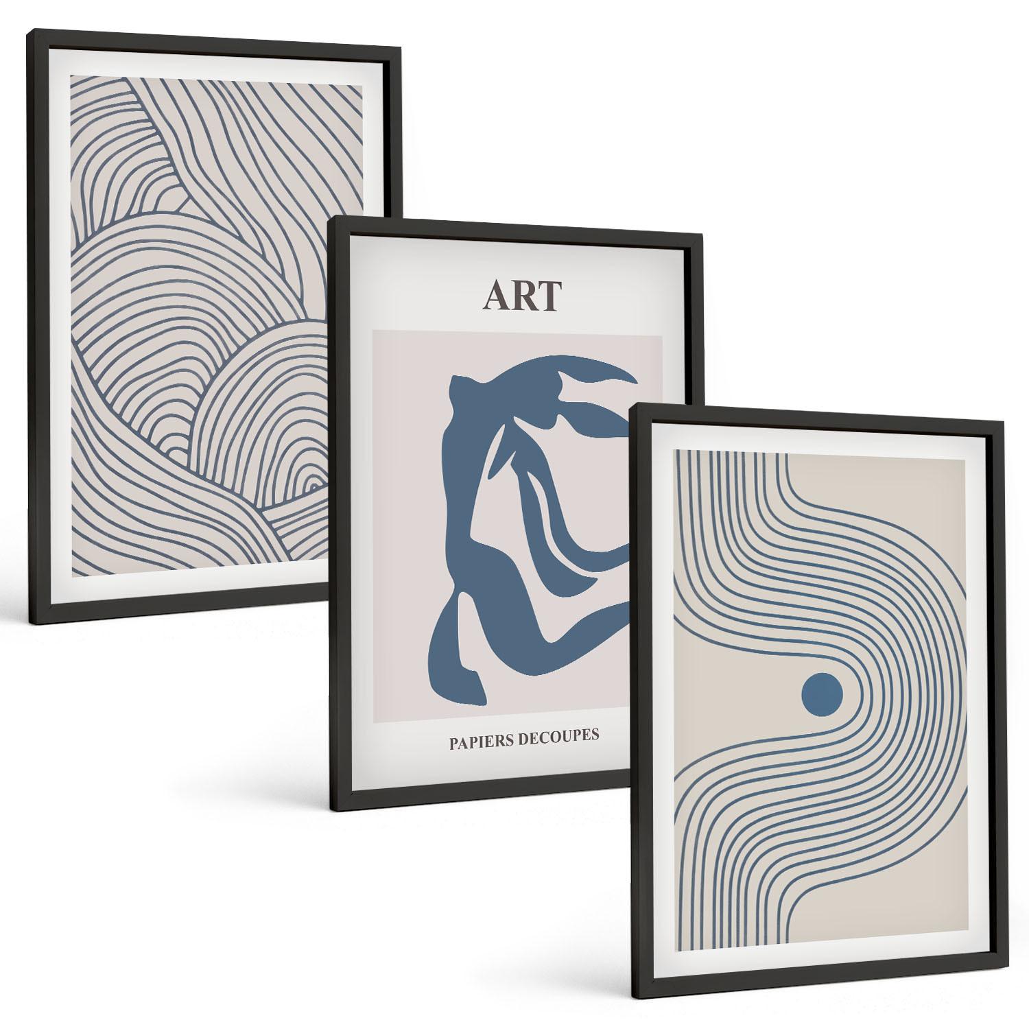 BILDER SET 3er Set - 40x60 cm Schwarzer Rahmen - Abstrakte blaue Linien - Schwarz, Kunststoff (40/60cm) - TULUP