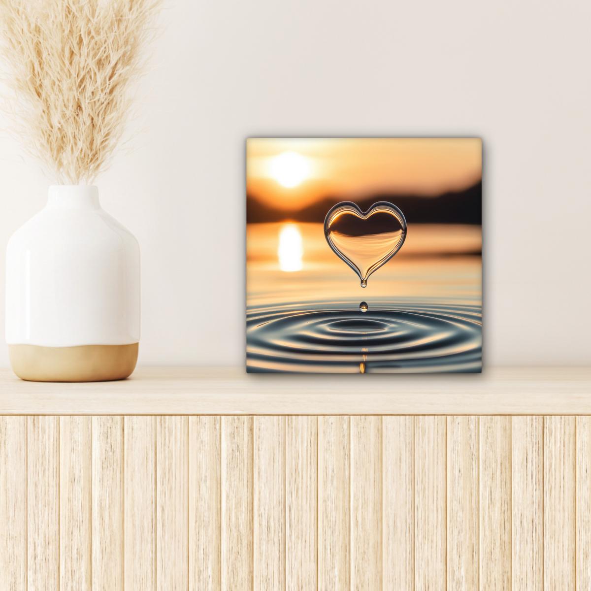 LEINWANDBILD Herz - Wasser - Sonnenuntergang - Natur - Zen Deko Wohnzimmer 20x20 cm - Bernsteinfarben, Textil (20/20cm) - MuchoWow