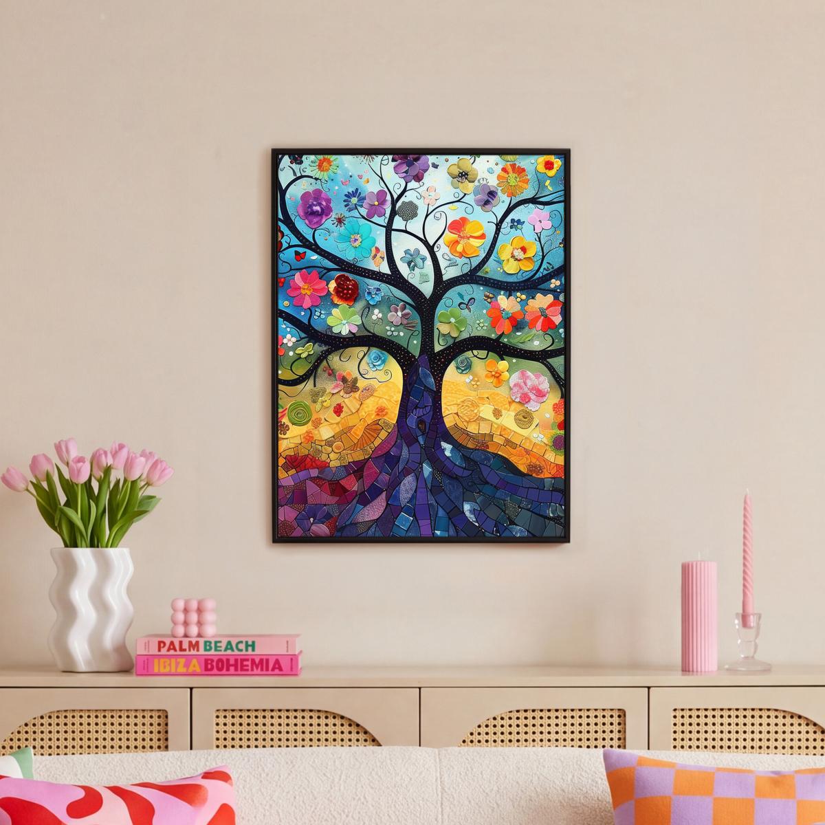 LEINWAND Bilder mit Rahmen - Kunst - Baum des Lebens - Blumen - Hippie - 50x70 - Dunkelblau, Textil (50/70cm) - MuchoWow