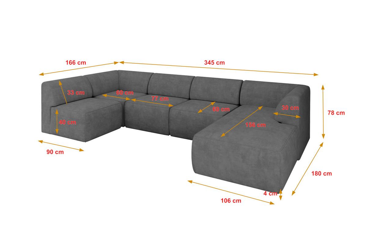 WOHNLANDSCHAFT Ottomane Rechts MOVO-L 345x180x78 cm Grau Velours - Taupe, Holzwerkstoff/Kunststoff (180/78/345cm) - ALTDECOR