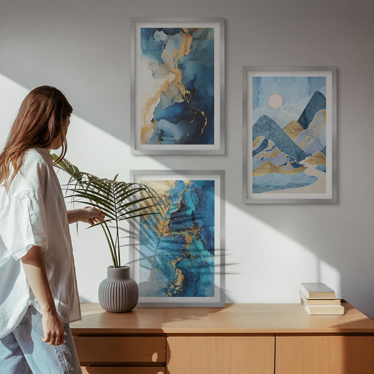 BILDER SET 3er Set - 40x60 cm Silberner Rahmen - Abstrakte Muster der Blue Mountains - Silberfarben, Kunststoff (40/60cm) - TULUP