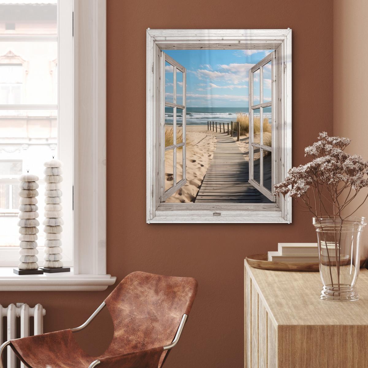 ACRYLGLASBILD Fenster - Meer - Küste - Natur - Ausblick - Strand - Wattenmeer 60x80 cm - Beige, Glas (60/80cm) - MuchoWow