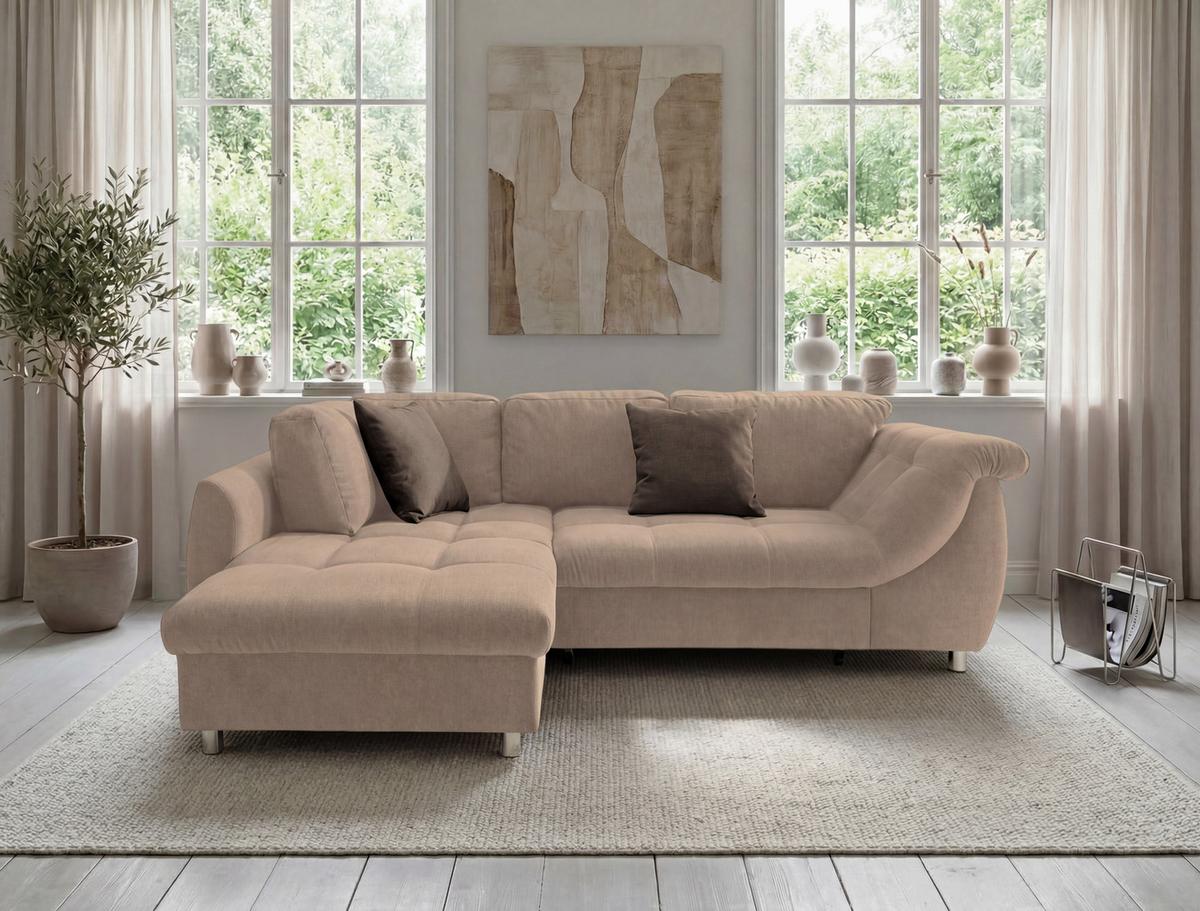 ECKSOFA mit Schlaffunktion, Wellenunterfederung, Ottomane links B250/T190/H84 cm, Liegefl. 179x190 cm, Mikrofaser Hellbraun / 17012 - Hellbraun/Chromfarben, Textil/Metall (250/190cm) - luma-home