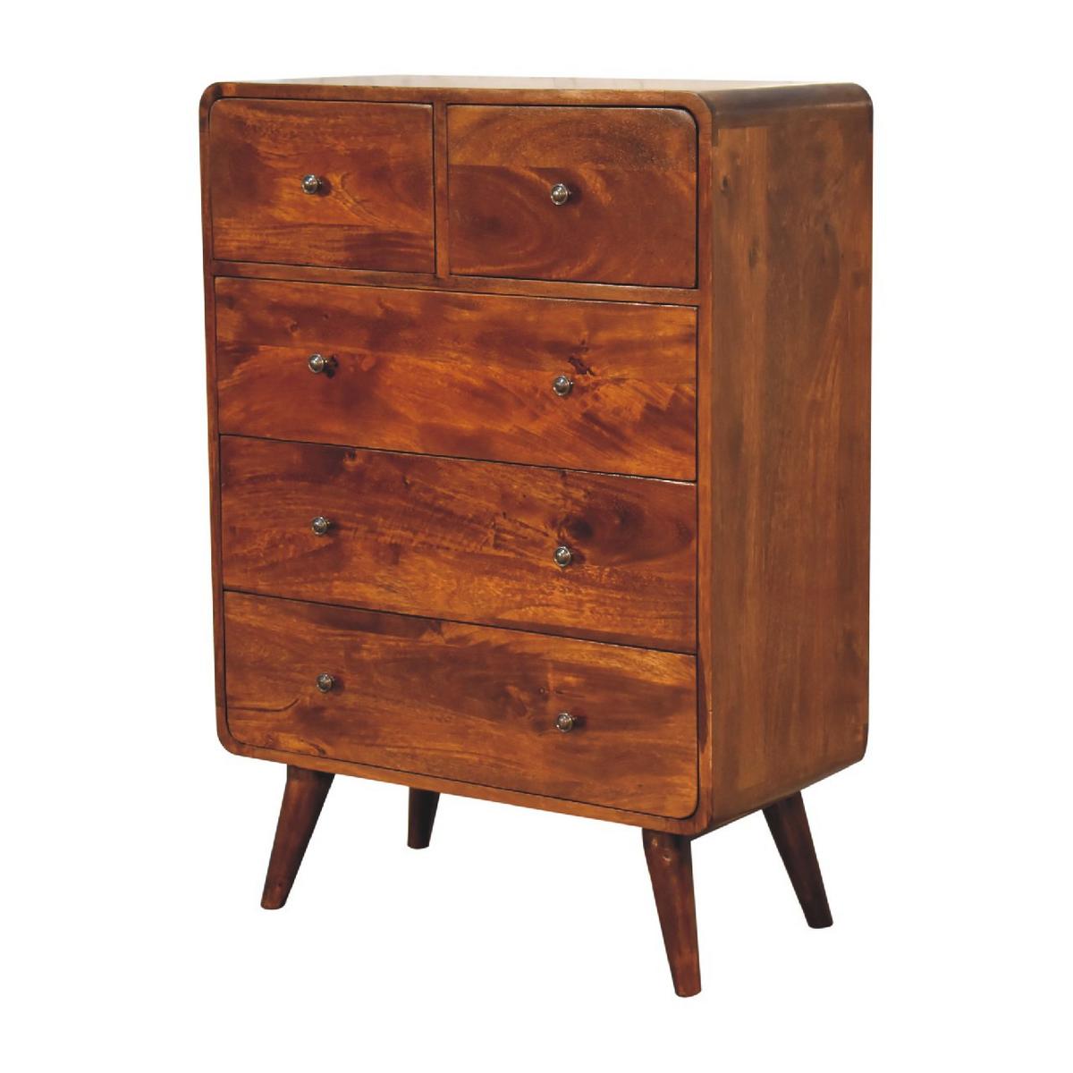 KOMMODE Stella, 2 über 3 Schubladen, Nordische Beine, Braun - Messingfarben/Braun, Holz/Metall (70/98/35cm) - Artisan Furniture