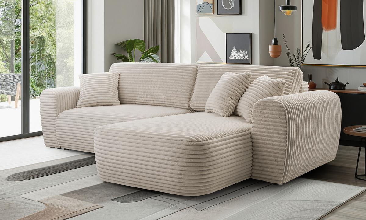 ECKSOFA VIVA Beige Kordstoff mit Schlaffunktion - Beige, Holz (297/169cm) - MASSENO