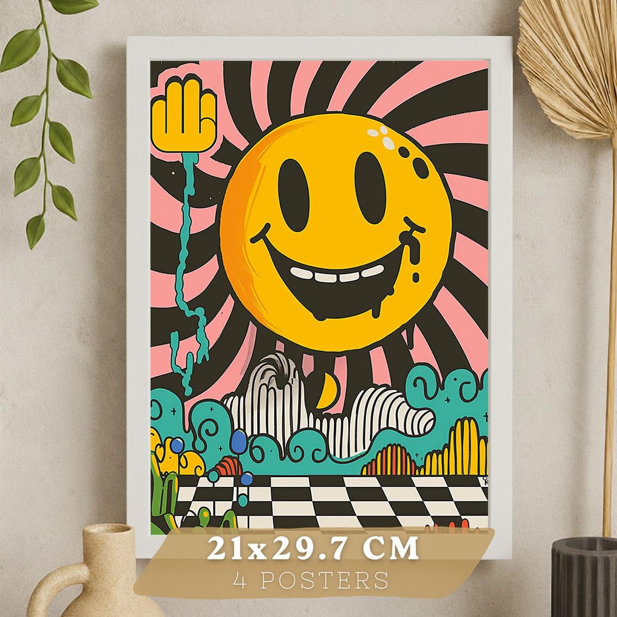 POSTER 4er Kunstdruck-Set Wandbilder Smiley Acid House modern Wohnzimmer Deko, Schlafzimmer, Küche, Badezimmer Weißer Rahmen A4 - Weiß, Papier (29.7/1/21cm) - Nacnic