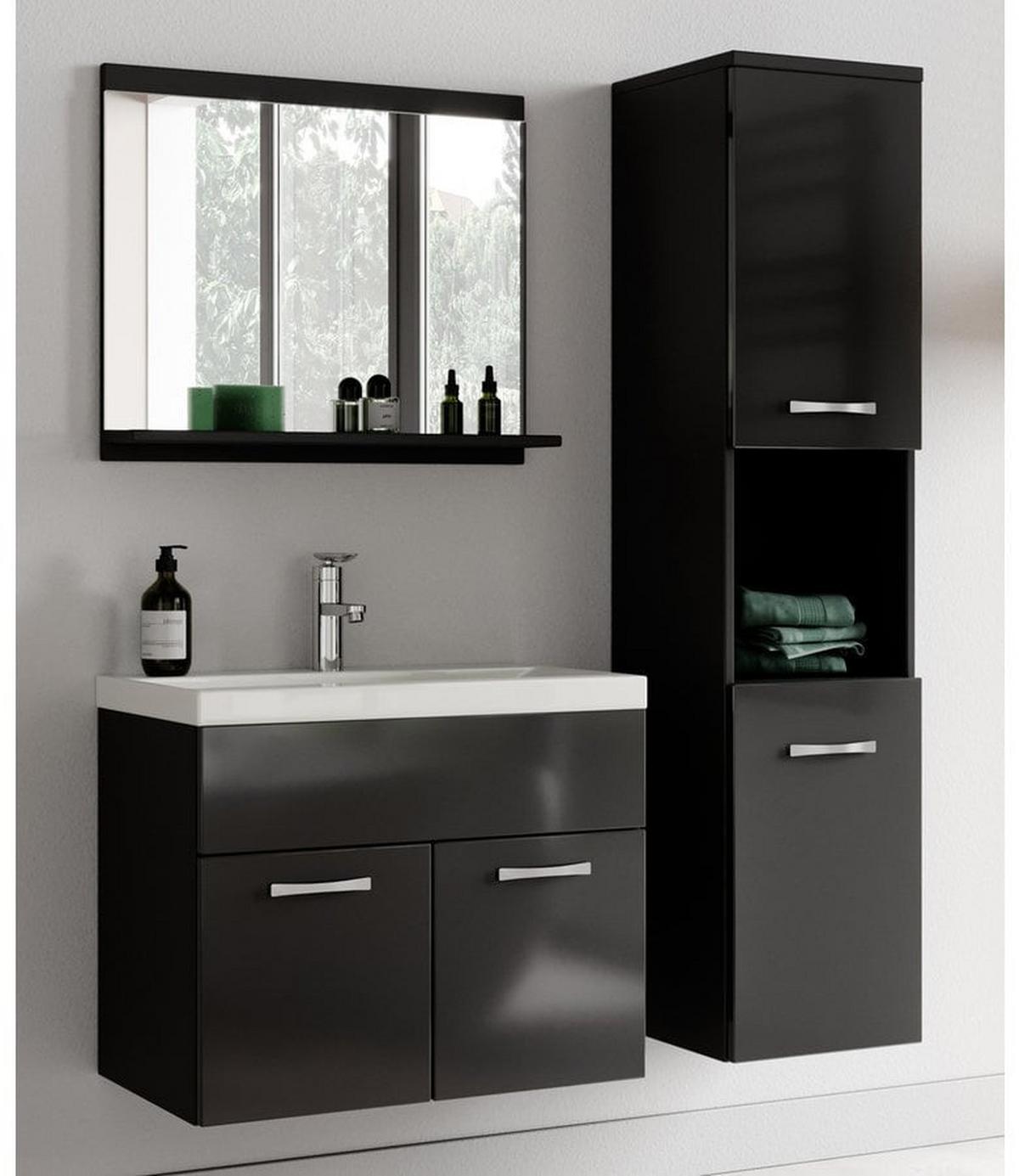 BADMÖBEL-SET Montreal 2 Teile Schwarz Hochglanz - 60 x 35 x 51 cm - Schwarz, Holz (60/51/35cm) - Badplaats