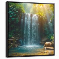 LEINWAND Bilder mit Rahmen - Wasserfall - Dschungel - Sonne - Grün - Natur - 50x50 - Grün, Textil (50/50cm) - MuchoWow