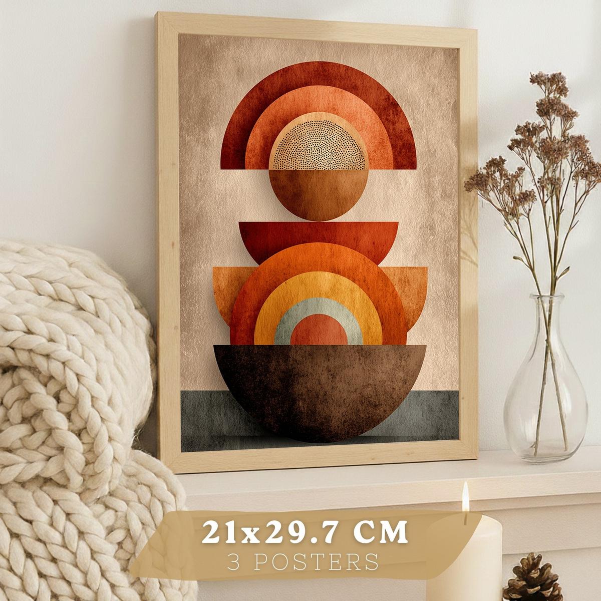 POSTER 3er Kunstdruck-Set Wandbilder Abstrakte Formen Rot Orange modern Wohnzimmer Deko, Schlafzimmer, Küche, Badezimmer Leichter Holzrahmen A3 - Beige, Papier (29.7/1/42cm) - Nacnic