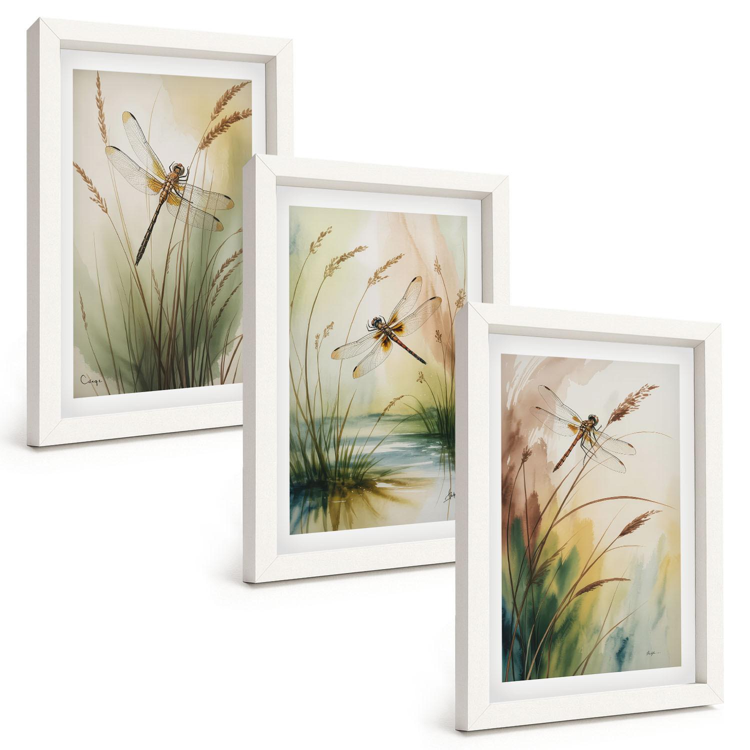 BILDER SET 3er Set - 20x30 cm Weißer Rahmen - Libellen im Gras, Wassermalerei - Weiß, Kunststoff (20/30cm) - TULUP