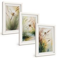 BILDER SET 3er Set - 20x30 cm Weißer Rahmen - Libellen im Gras, Wassermalerei - Weiß, Kunststoff (20/30cm) - TULUP