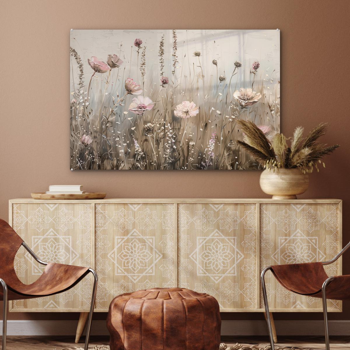ACRYLGLASBILD Blumen - Rosa - Modern - Beige Room Decor 90x60 cm - Beige, Glas (90/60cm) - MuchoWow