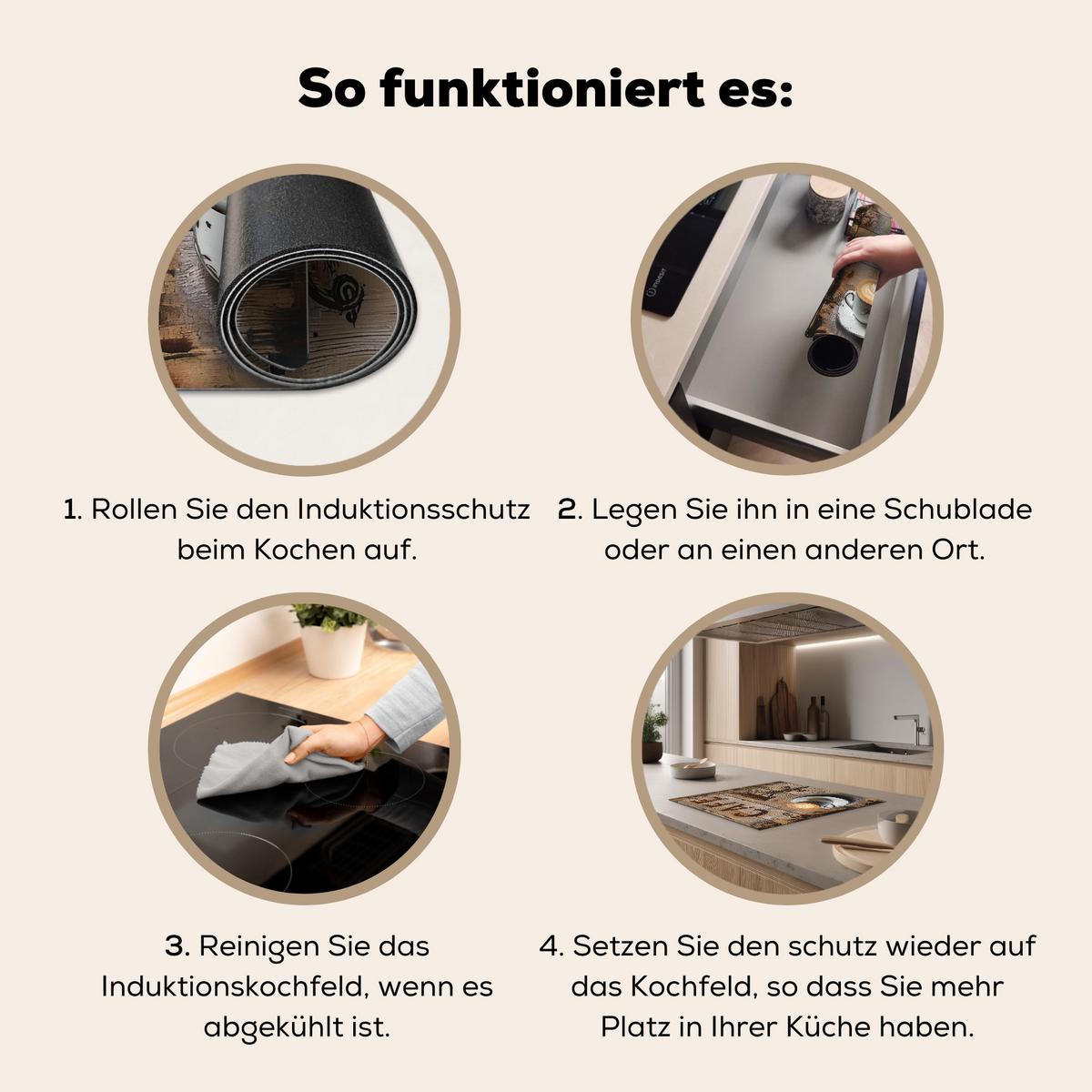 HERDABDECKPLATTE Cafe - Holz - Kaffee - Regale Herdabdeckung Induktionsfeld 60x52 cm - Schwarz, Kunststoff (60/52/0.2cm) - MuchoWow