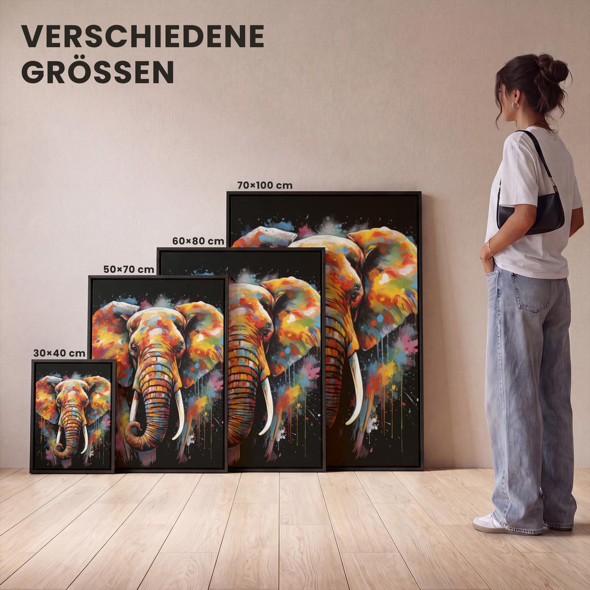 LEINWAND Bilder mit Rahmen - Elefant - Graffiti - Schwarz - Tiere - Farben - 60x80 - Schwarz, Textil (60/80cm) - MuchoWow