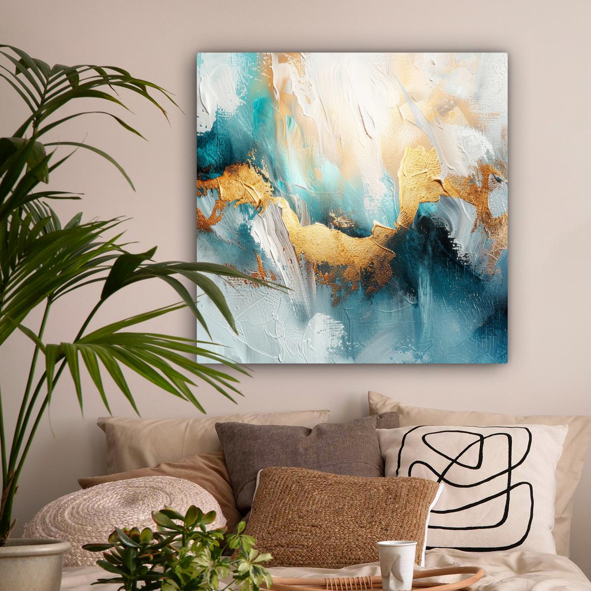 LEINWANDBILD Abstrakt - Kunst - Gold - Blau Deko Groß 90x90 cm - Petrol, Textil (90/90cm) - MuchoWow