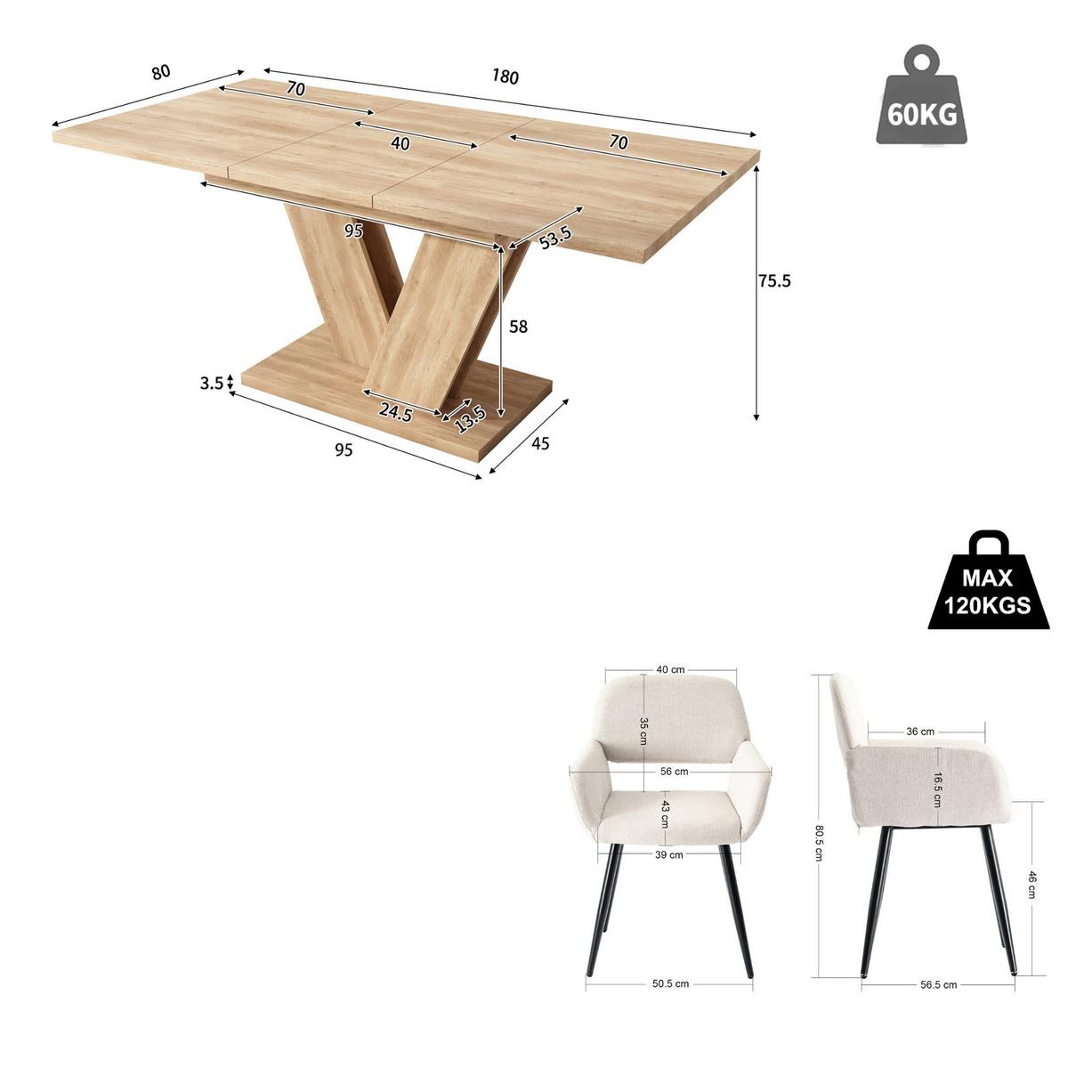 ESSTISCH-SET 1+6, ausziehbarer Tisch mit 6 Esszimmerstühlen - Eichefarben/Schwarz, Holzwerkstoff (180/75.5/80cm) - Urban Meuble