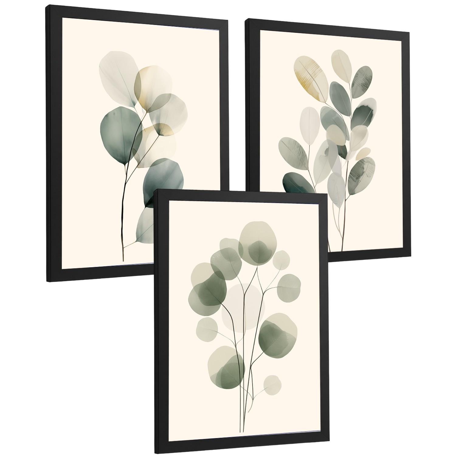 POSTER 3er Bilder-Set Wandbilder Pflanzen Minimalistisch modern Wohnzimmer Deko, Schlafzimmer, Küche, Badezimmer Schwarzer Rahmen A4 - Schwarz, Papier (29.7/1/21cm) - Nacnic