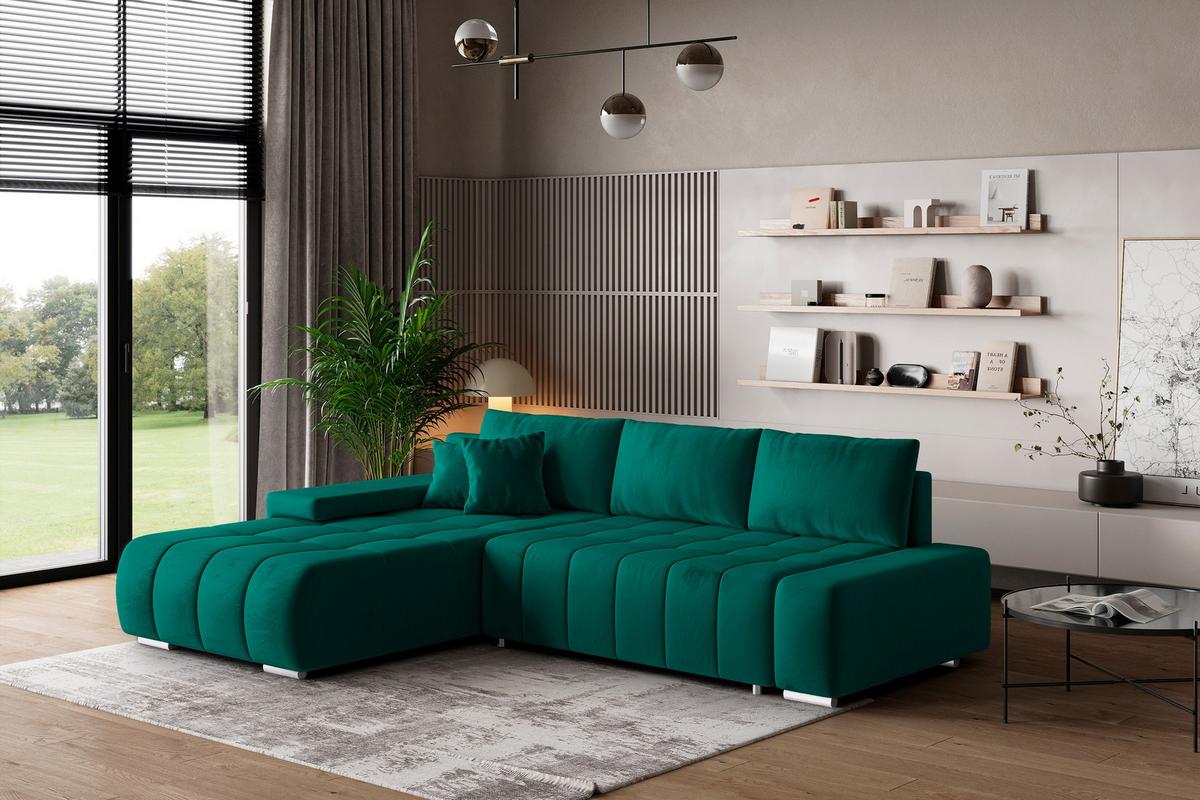 ECKSOFA ALESE L-S Grün Velours-Stoff mit Schlaffunktion - Silberfarben/Grün, Holz/Textil (265/185cm) - MASSENO