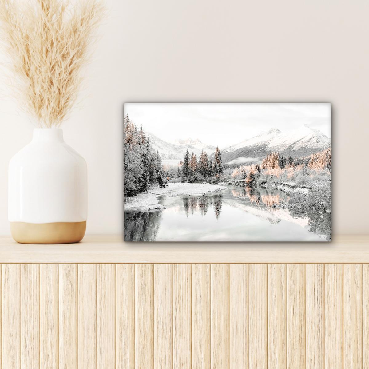 LEINWANDBILD Natur - Winter - Bäume - Berge - Schnee Deko Schlafzimmer 30x20 cm - Weiß Hochglanz, Textil (30/20cm) - MuchoWow