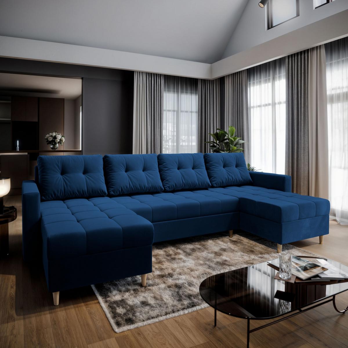 WOHNLANDSCHAFT MILO U Blau Plüsch-Stoff mit Schlaffunktion - Blau/Braun, Holz/Textil (285/91/140cm) - MASSENO