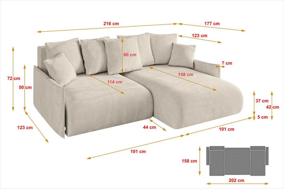 ECKSOFA Ottomane rechts ONESK-L-v1 216x177x72 Ecru Velours - Ecru, Holzwerkstoff/Kunststoff (177/216cm) - ALTDECOR