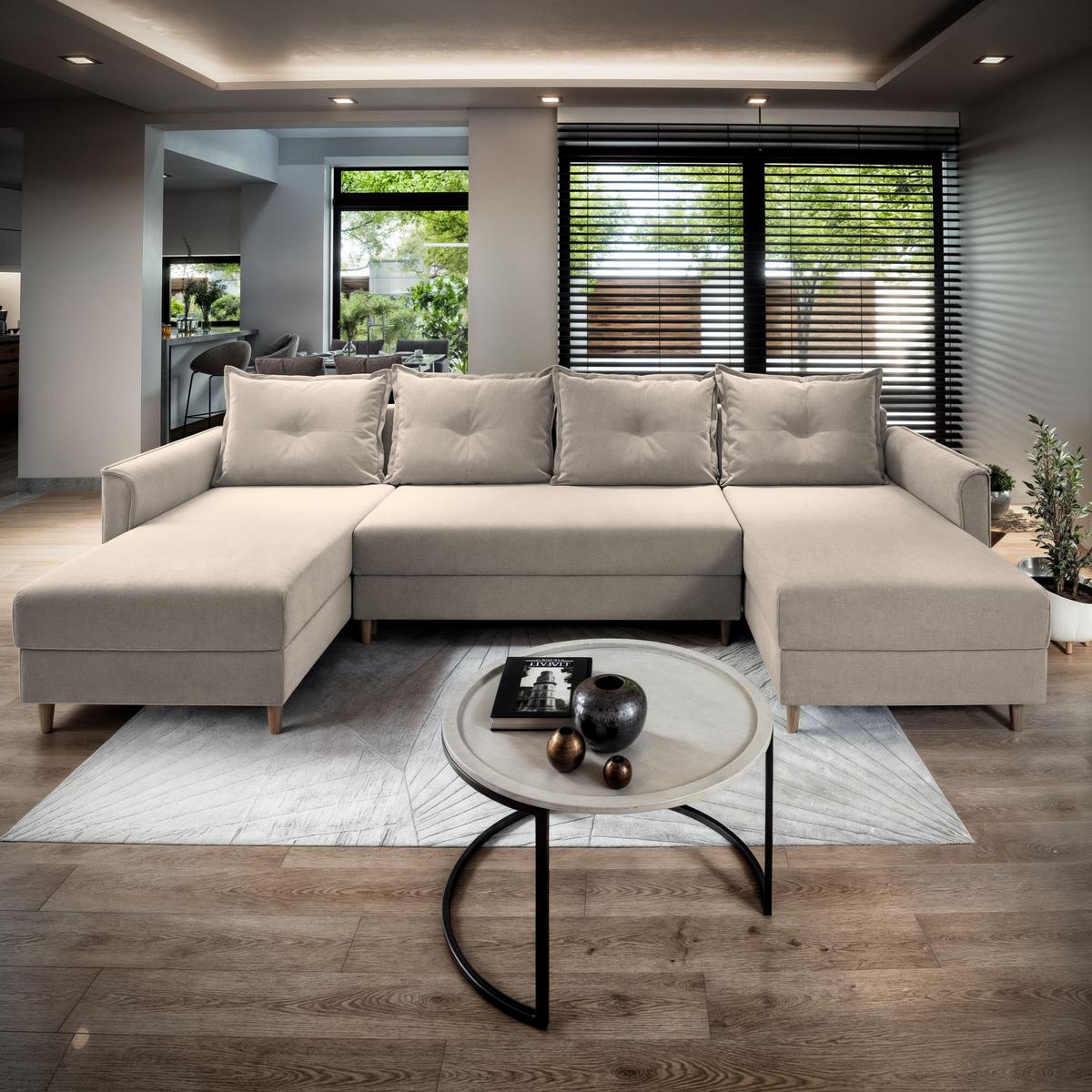 WOHNLANDSCHAFT VERNI Beige Plüsch-Stoff mit Schlaffunktion - Beige/Braun, Holz/Textil (285/91/143cm) - MASSENO