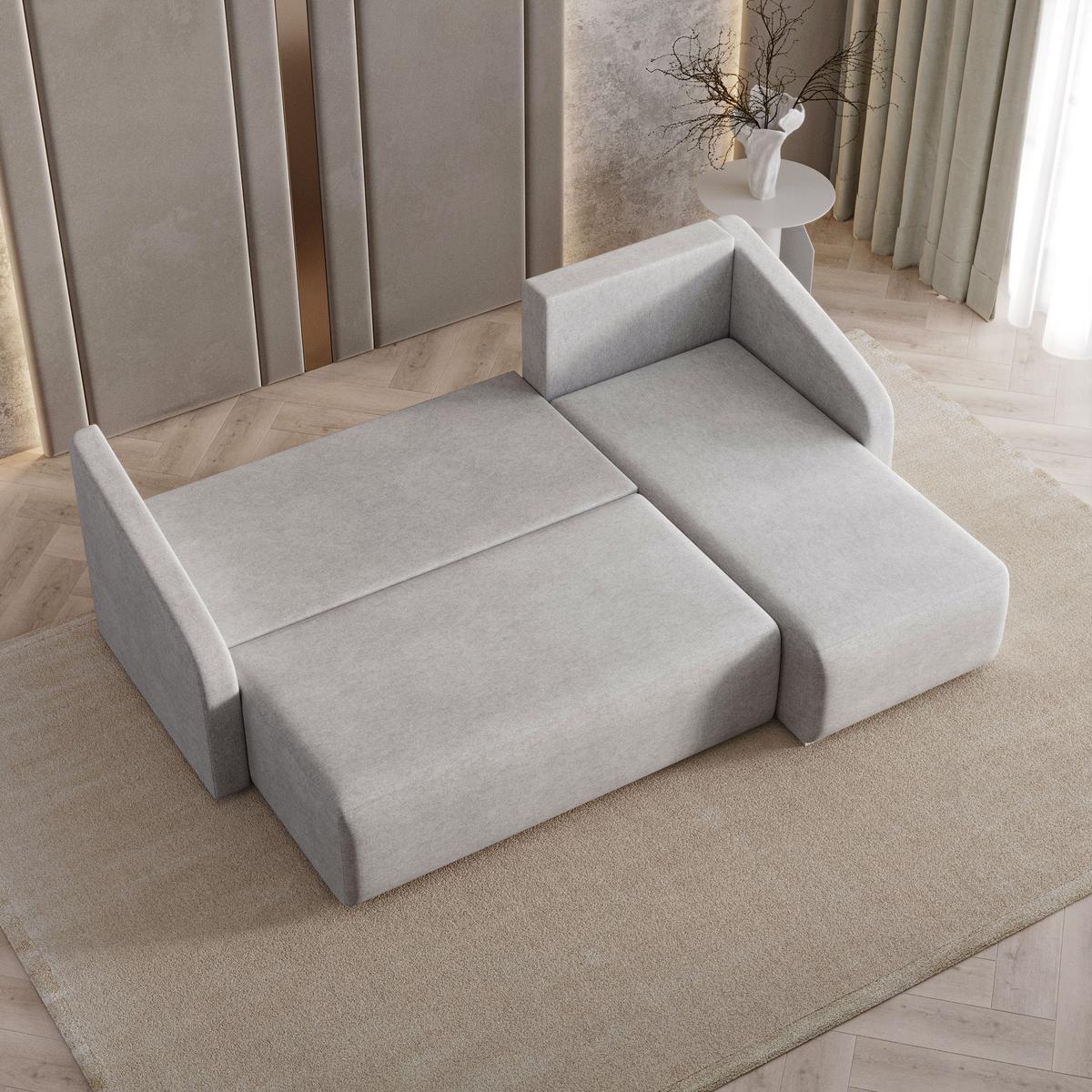ECKSOFA MARELLO Hellgrau Geflochtener Stoff mit Schlaffunktion - Hellgrau, Holz (220/143cm) - MASSENO