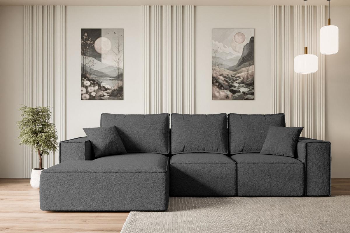 ECKSOFA mit Schlaffunktion und Bettkasten SERRA-L-S - 266x161x87 cm Grau Bouclé - Schwarz/Grau, Holzwerkstoff/Kunststoff (266/161cm) - ALTDECOR