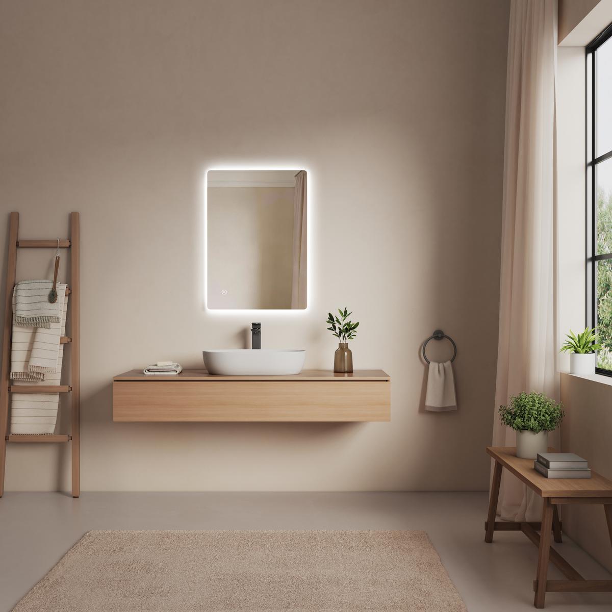 BADSPIEGEL LED abgerundet Kaltweiß Touch-Schalter Dimmbar 70/50 cm - Transparent, Glas (70/50/3cm) - EMKE