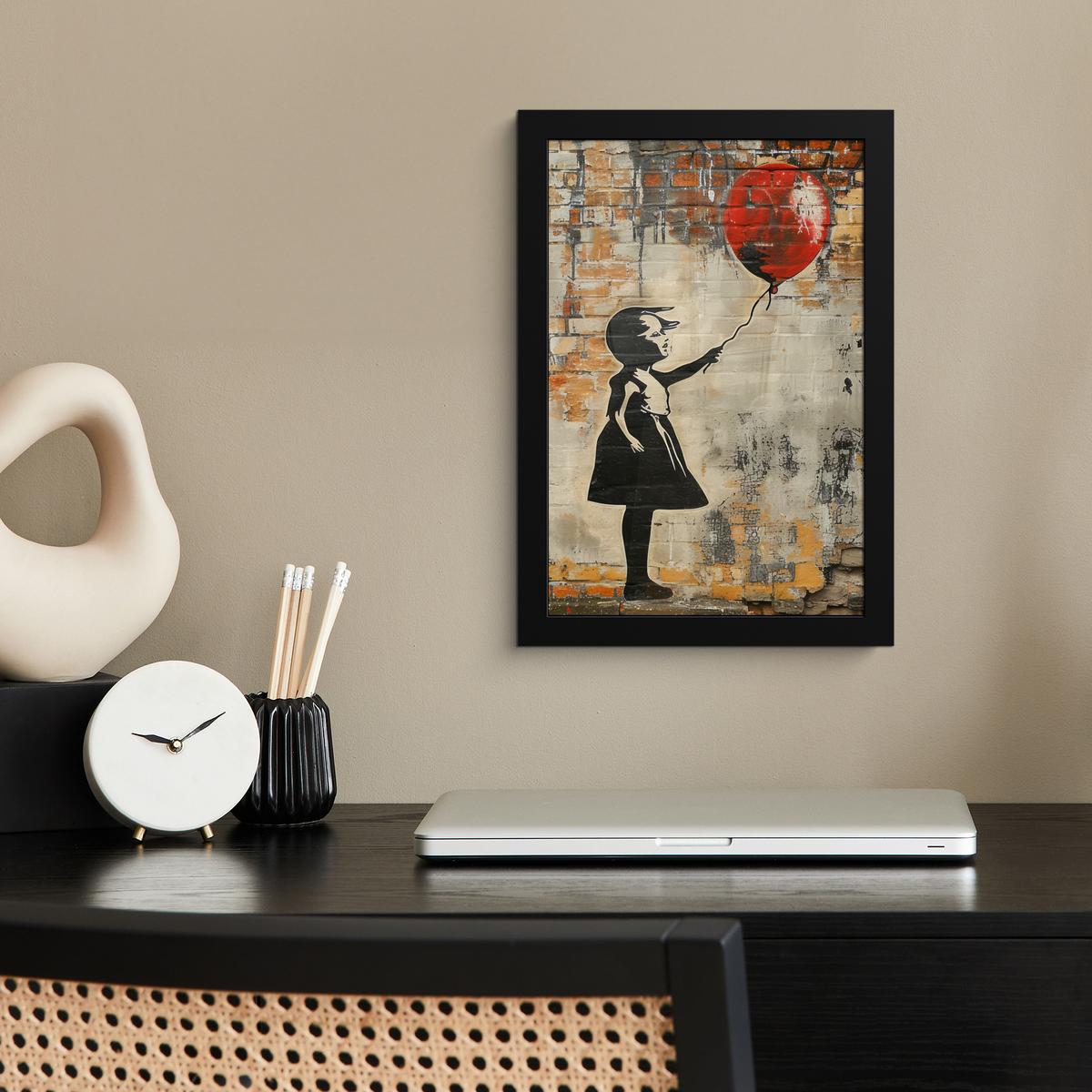 POSTER MIT RAHMEN Graffiti - Banksy - Mädchen - Straßenkunst Poster 20x30 cm - Sandfarben, Papier (20/30cm) - MuchoWow