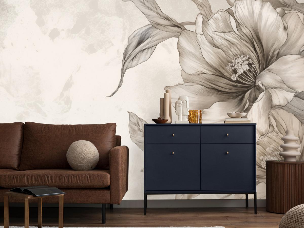 FOTOTAPETE für Schlafzimmer Zarte Beige Blumen Minimalismus Modern 500x350 - Beige, Papier (500/350cm) - Muralo