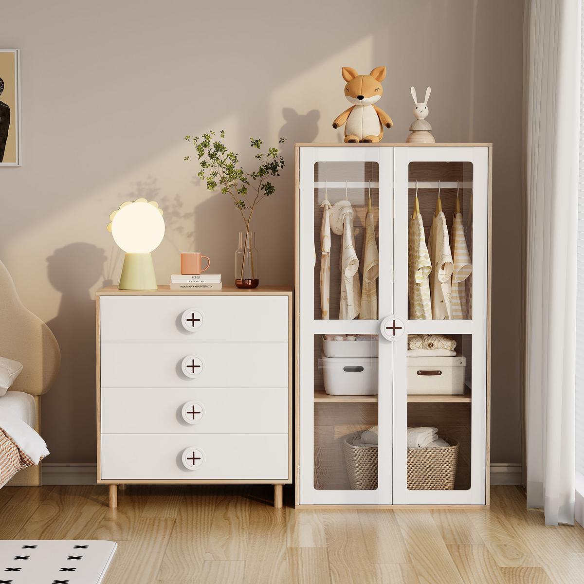KLEIDERSCHRANK SET Weiß & Holz mit Kommode 2-tlg Möbelkombination - Sonoma Eiche, Glas/Holzwerkstoff (80/150/50cm) - Urban Meuble