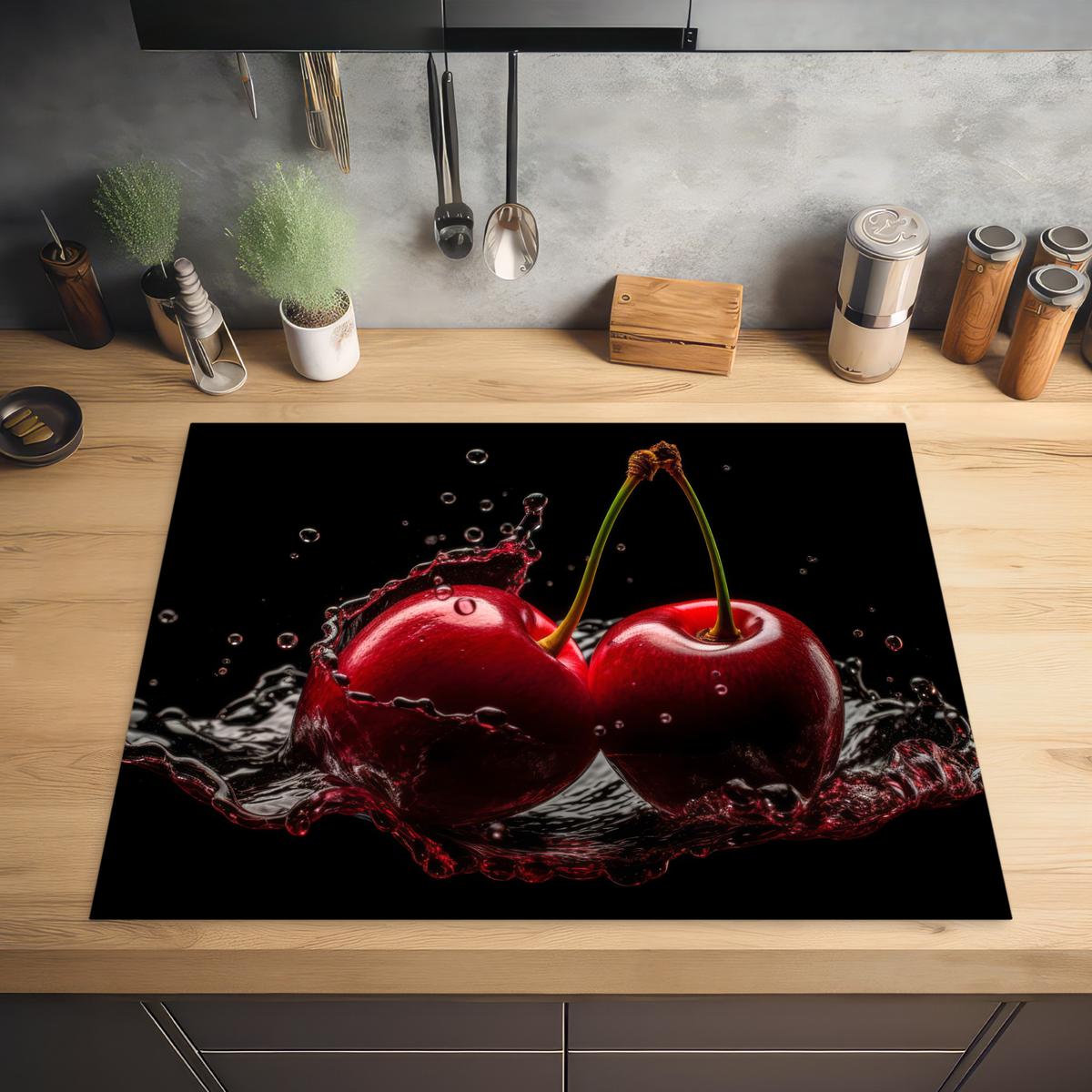 HERDABDECKPLATTE Kirsche - Rot - Frucht - Wasser - Schwarz Induktionsmatte 77x59 cm - Kirschrot, Kunststoff (77/59/0.2cm) - MuchoWow