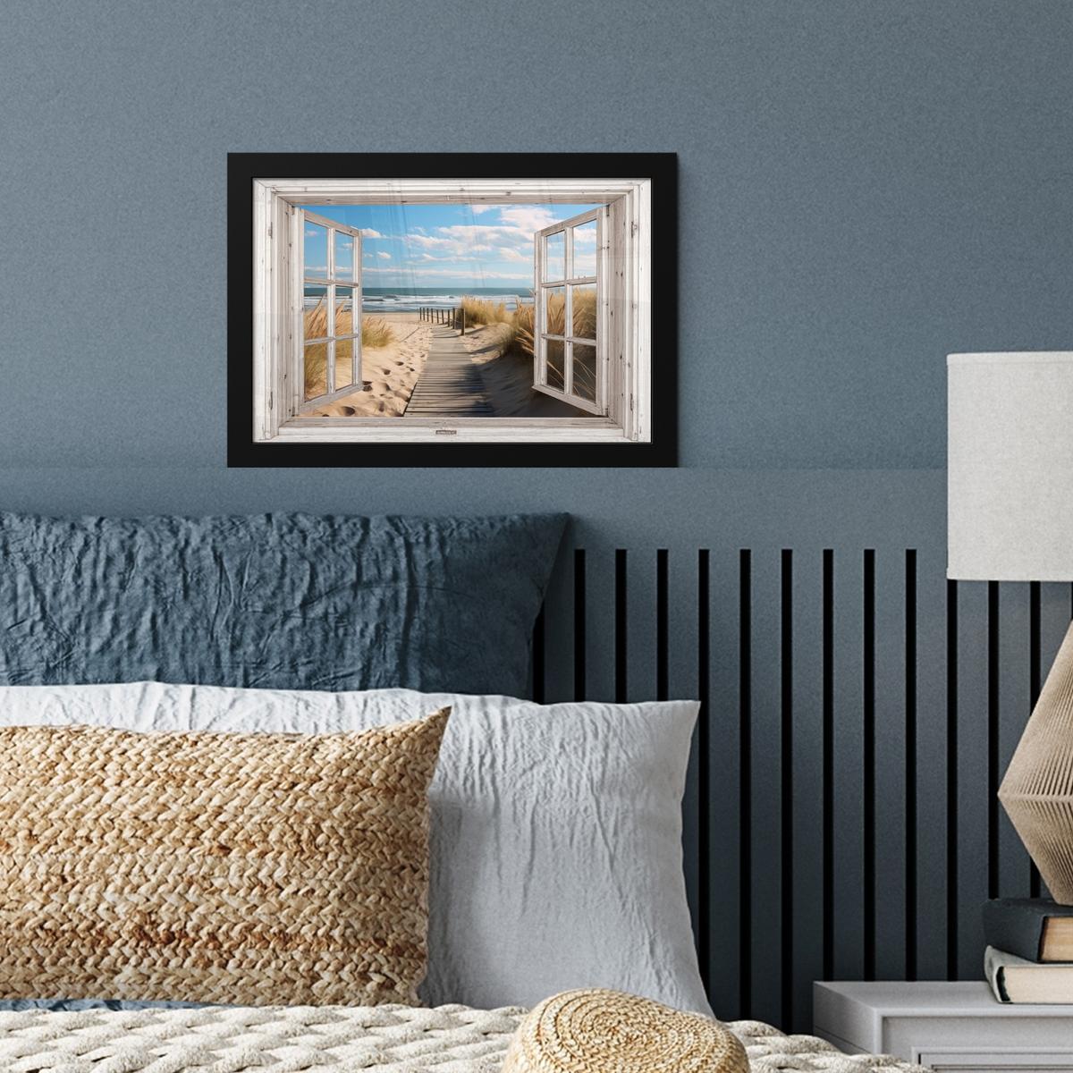 POSTER MIT RAHMENGERAHMTES BILD Fenster - Meer - Küste - Natur - Ausblick - Strand - Wattenmeer 30x20 cm - Beige, Papier (30/20cm) - MuchoWow