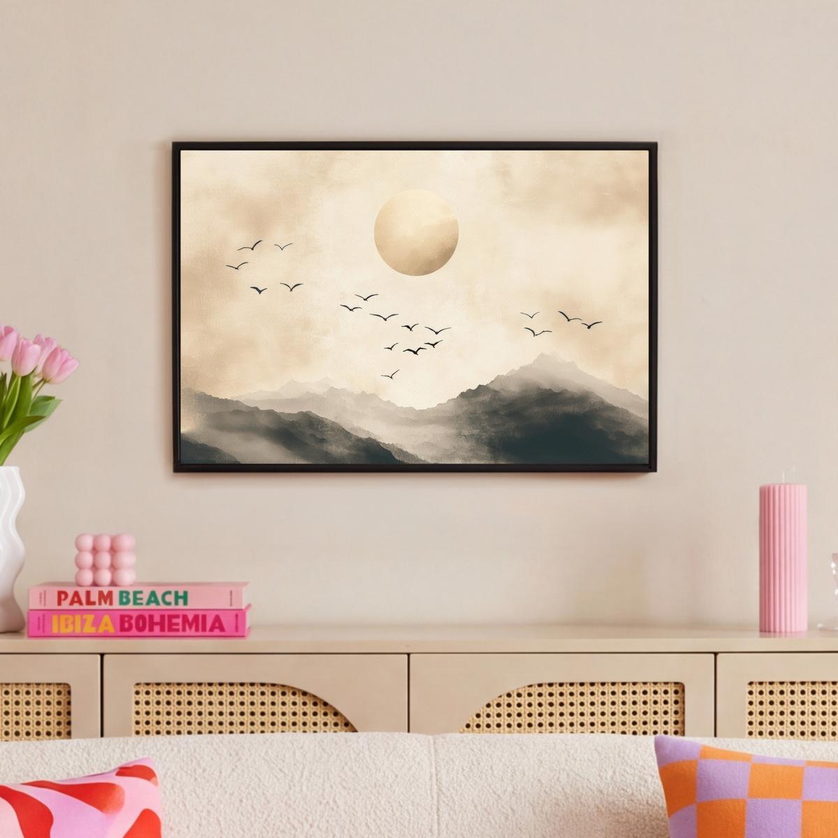 LEINWAND Bilder mit Rahmen - Landschaft - Japandi - Vogel - 60x40 - Beige, Textil (60/40cm) - MuchoWow