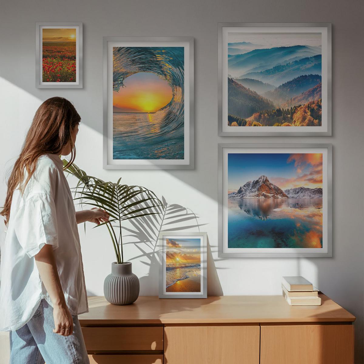BILDER SET 5er Set - 50x50 cm & 20x30 cm & 40x60 cm Silberner Rahmen - Landschaften aus Bergen und Meeren im Westen - Silberfarben, Kunststoff (40/60cm) - TULUP