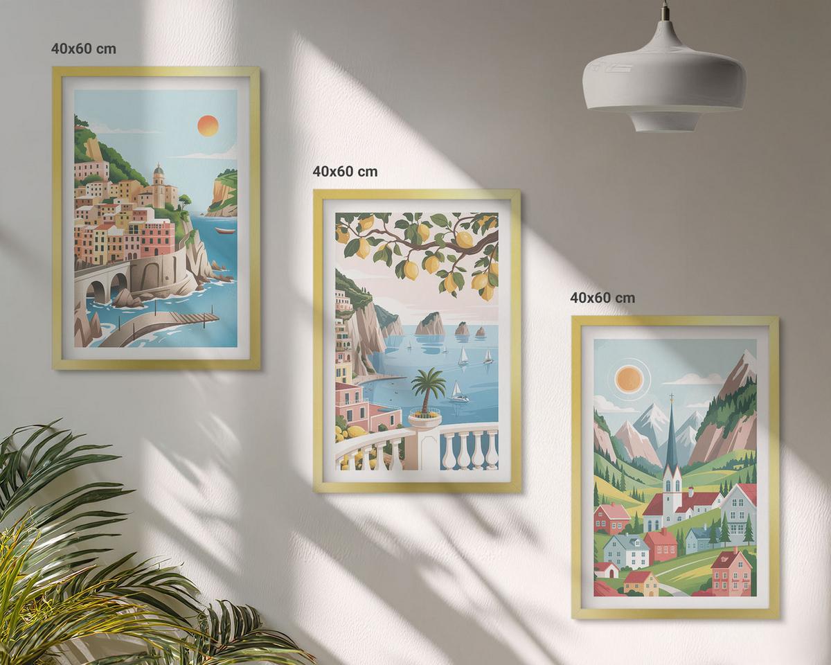 BILDER SET 3er Set - 40x60 cm Goldrahmen - Landschaften, Meer, Zitrusfrüchte - Goldfarben, Kunststoff (40/60cm) - TULUP
