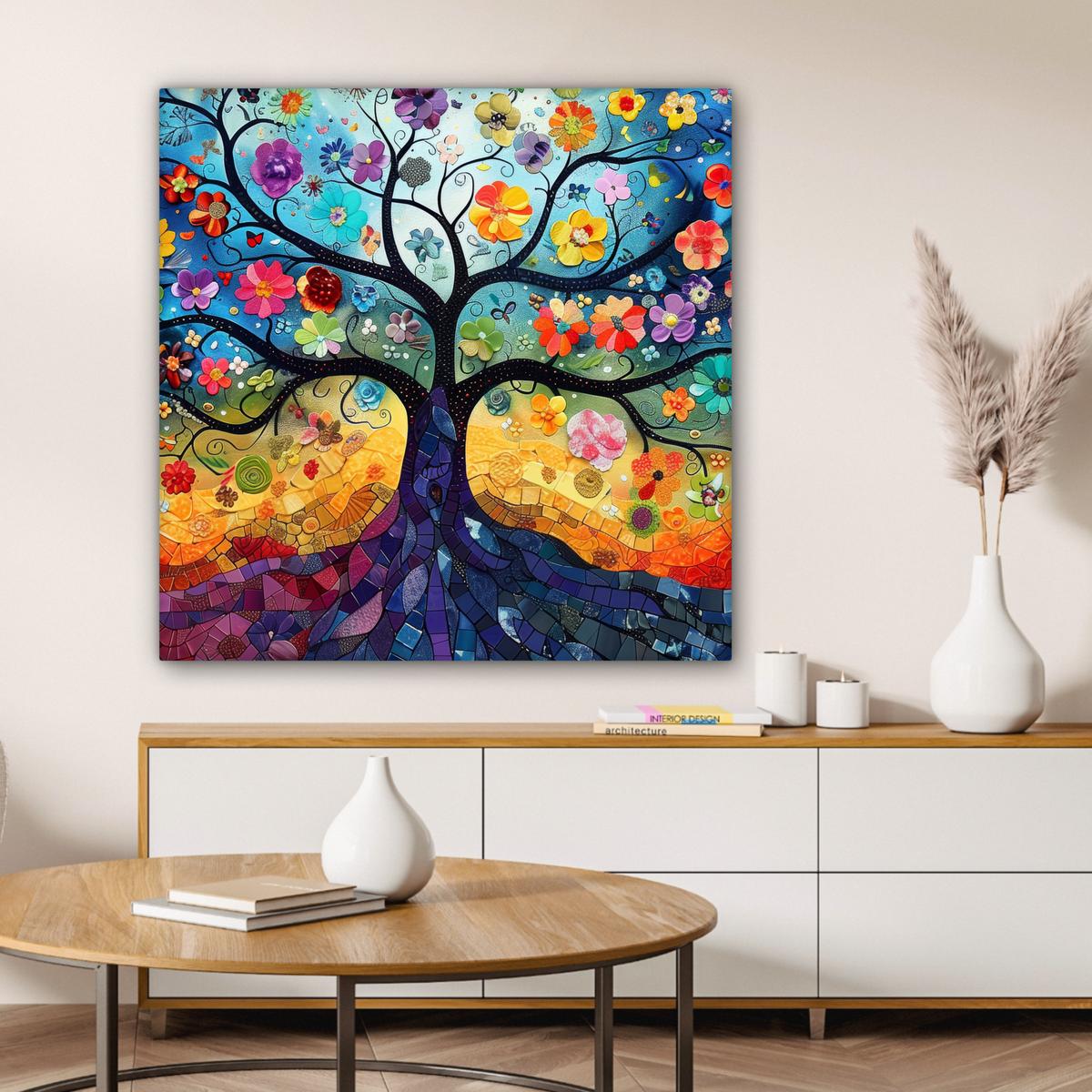 LEINWANDBILD Kunst - Baum des Lebens - Blumen - Hippie Deko Groß 90x90 cm - Dunkelblau, Textil (90/90cm) - MuchoWow