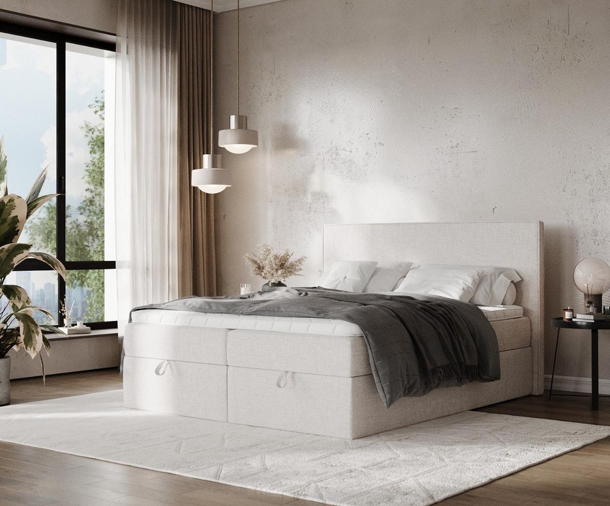 BOXBETT Velma 140/200 cm Hellbeige im Neve Stoff - Sandfarben/Schwarz, Holz/Holzwerkstoff (140/200cm) - AltaBeds