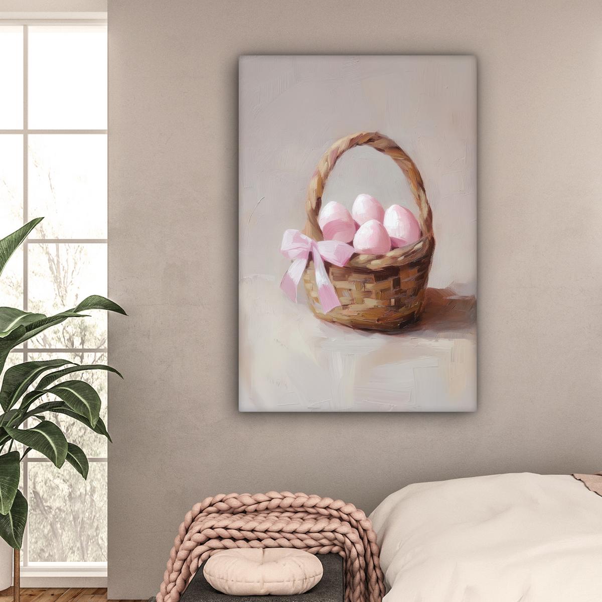 LEINWANDBILD Korb - Eier - Rosa Deko XXL 80x120 cm - Beige, Textil (80/120cm) - MuchoWow