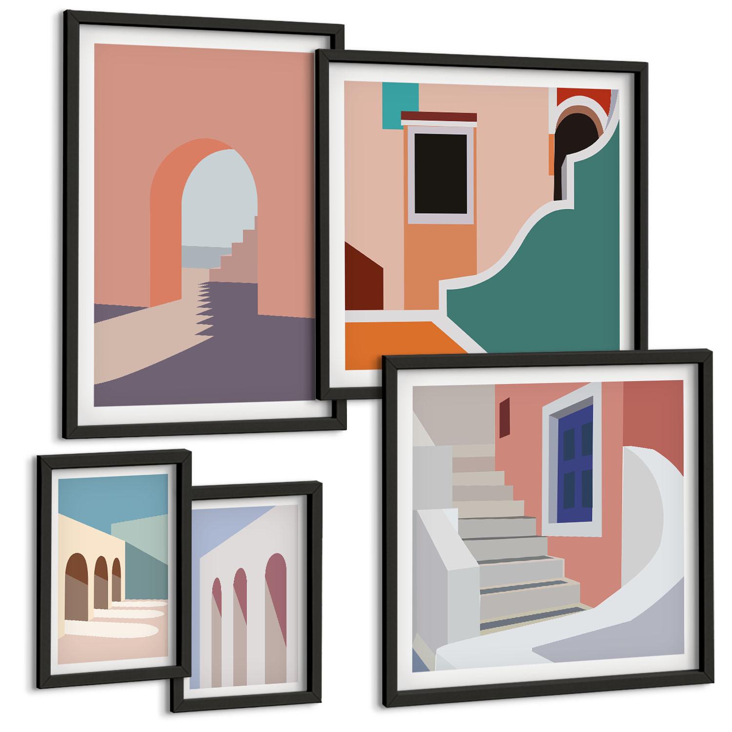 BILDER SET 5er Set - 50x50 cm & 20x30 cm & 40x60 cm Schwarzer Rahmen - Minimalistische Pastellgrafiken - Schwarz, Kunststoff (40/60cm) - TULUP