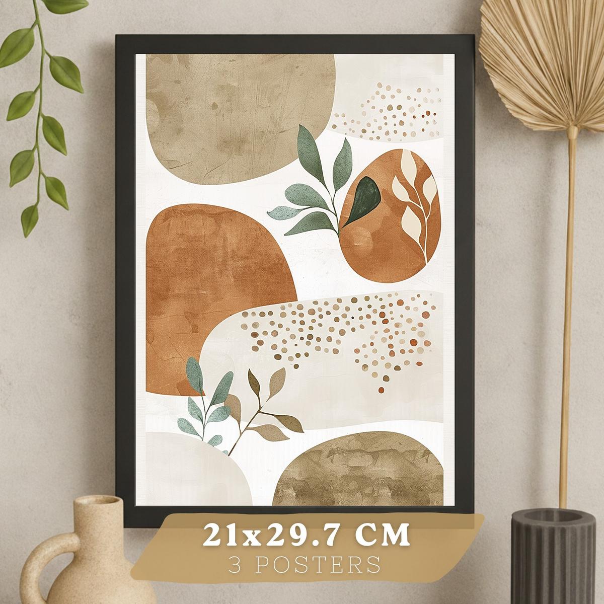 POSTER 3er Kunstdruck-Set Wandbilder Pflanzen Abstrakt Grün Braun modern Wohnzimmer Deko, Schlafzimmer, Küche, Badezimmer Schwarzer Rahmen A3 - Schwarz, Papier (29.7/1/42cm) - Nacnic