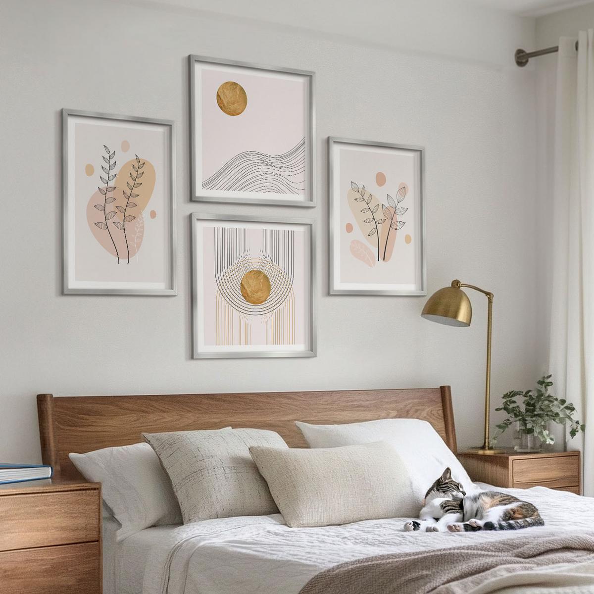 BILDER SET 4er Set - 50x50 cm & 40x60 cm Silberner Rahmen - Minimalistische Pflanzenzeichnungen - Silberfarben, Kunststoff (50/50cm) - TULUP