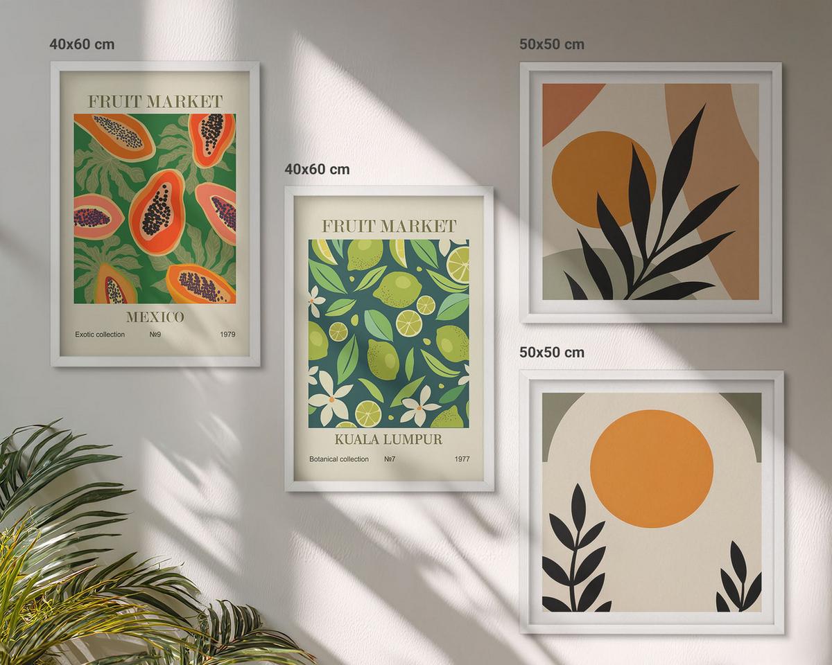 BILDER SET 4er Set - 50x50 cm & 40x60 cm Weißer Rahmen - Boho-Papaya-Fruchtmuster - Weiß, Kunststoff (50/50cm) - TULUP