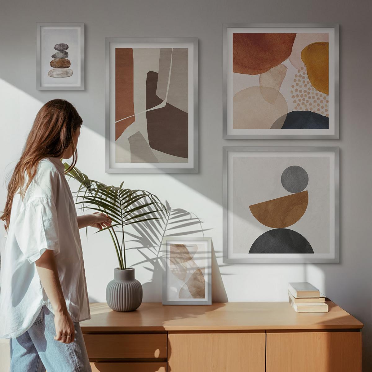 BILDER SET 5er Set - 50x50 cm & 20x30 cm & 40x60 cm Silberner Rahmen - Abstrakte Malerei Dekorationen - Silberfarben, Kunststoff (40/60cm) - TULUP