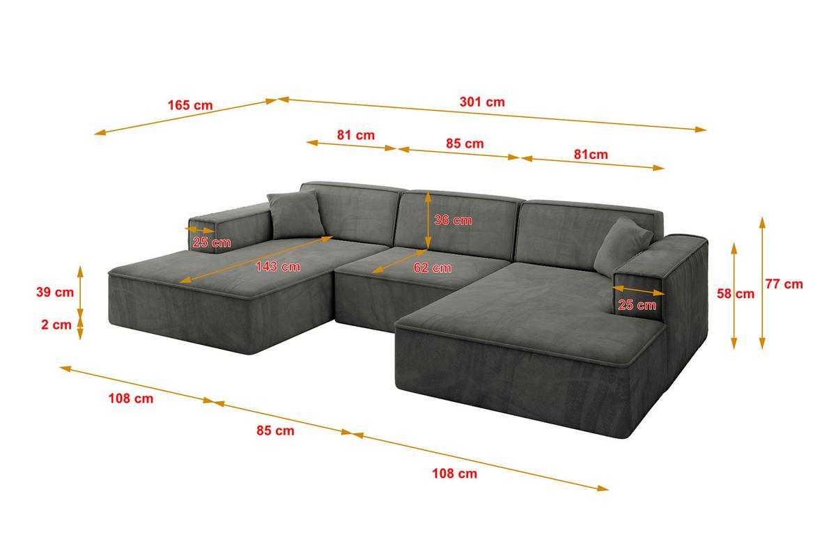 WOHNLANDSCHAFT IREA-U1-v4 - 301x165x77 cm Ecru - Anthrazit, Holzwerkstoff/Textil (301/77/165cm) - ALTDECOR