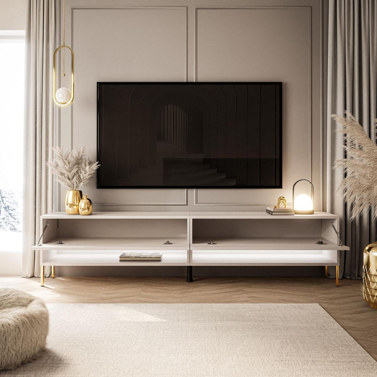 LOWBOARD TV-Schrank CALANTE 180 cm auf geraden goldenen Chrom-Beinen - Beige/Goldfarben, Holzwerkstoff/Metall (180/44/35cm) - Lookway