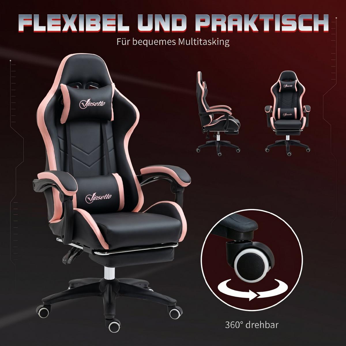 GAMING-CHAIR Kunstleder Schaumstoff Nylon Stahl Schwarz Blau - Schwarz, Kunststoff (65/129/65cm) - Vinsetto