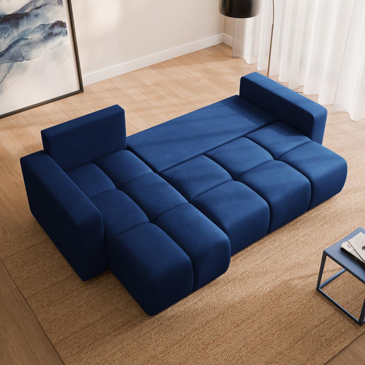 ECKSOFA RAMIL Blau Plüsch-Stoff mit Schlaffunktion - Blau, Holz (240/149cm) - MASSENO
