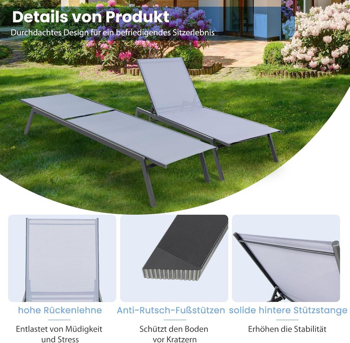 GARTENLIEGE Grau - Grau, Textil (199.5/35/70cm) - COSTWAY